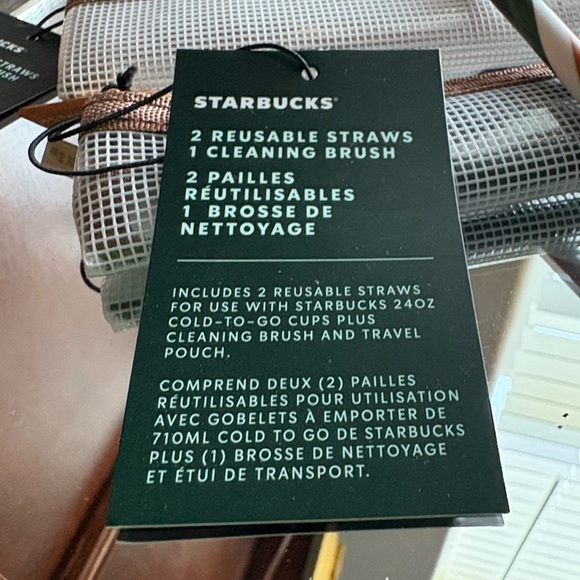 Starbucks (2) Reusable Straws + Cleaning Brush in Brown/Whi Mesh Zipper Bag BNWT - Picture 6 of 7